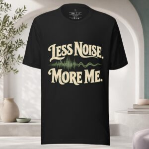 Vintage Black Less Noise, More Me T-shirt. An Autism & AuDHD-inspired T-shirt celebrating sensory awareness, personal boundaries and individuality. Free tracked delivery.