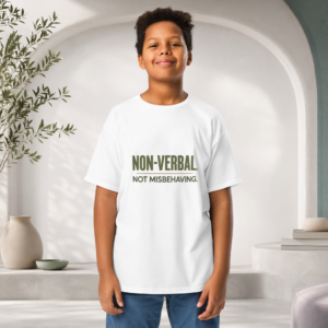Non Verbal. Not Misbehaving White tee shirt modelled by a young boy in blue jeans